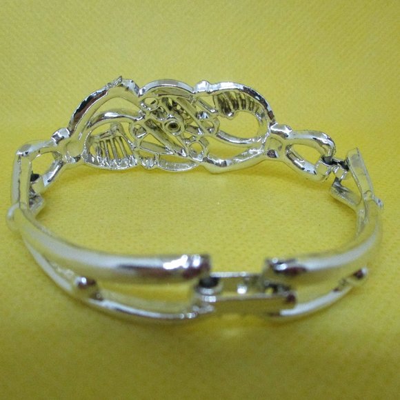 AB Rhinestone Silver Tone Bracelet Ornate Open Work Arora Borealis Rhinestone - Picture 10 of 11